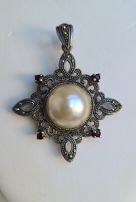 Vintage Garnet And Marcasite Sterling Silver Faux Pearl Pendant  - Estate 