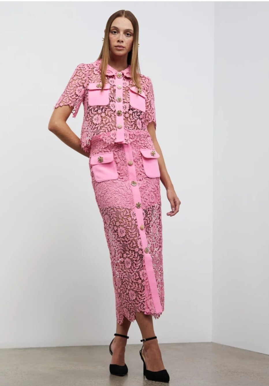 Pre-owned Self-portrait Self Portrait Pink Lace Top And Skirt Set Us0,2,4,6,8,10,12,14 (16)
