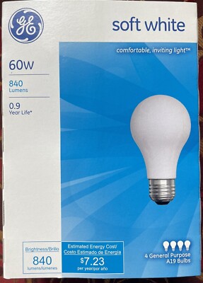60 Watt Light Bulbs GE Soft White Incandescant - 1 Pack/4 Bulbs