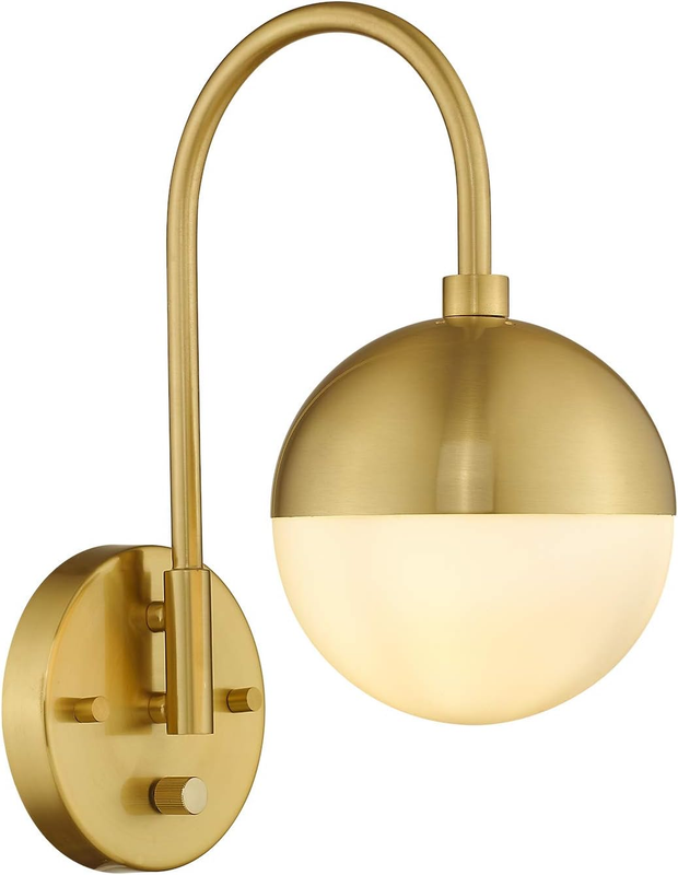 Modern Wall Lamp with White Globe Glass, Gold Wall Sconce Wall Light with Brushed Brass Finished for Bedroom Bathroom Living Room, Dimmable Switch