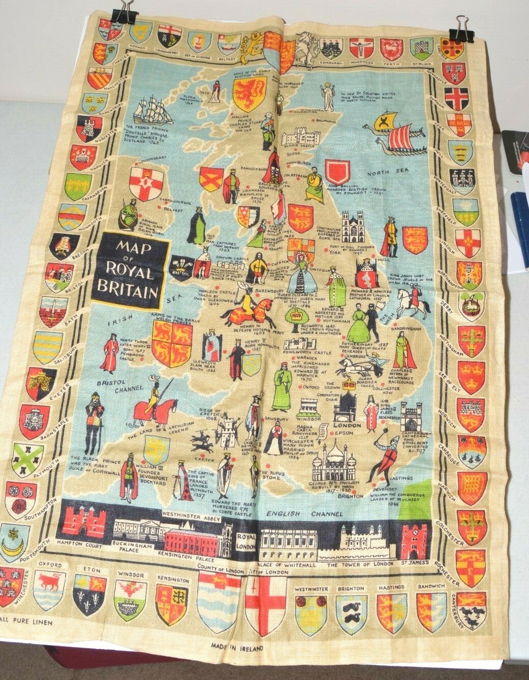 Map of Royal Britain Linen VTG 21x30 Tea Towel Kitchen Wall Hanging Made Ireland