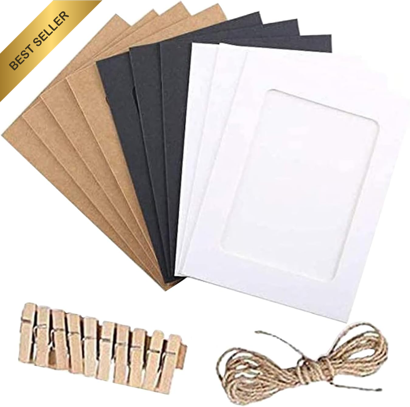 10PCS Kraft Paper Photo Frames DIY Hanging Album with Clips & Hemp Rope Wall Dec