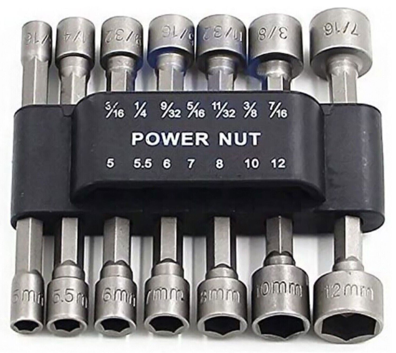 14pc POWER NUT Driver Bit Set Dual 1/4 Quick Change SAE & Metric MM Detent Shank
