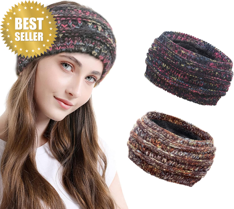 Women Winter Cable Knit Headband, 2 Pieces Plush Lined Ear Warmer Hair Band, Sof