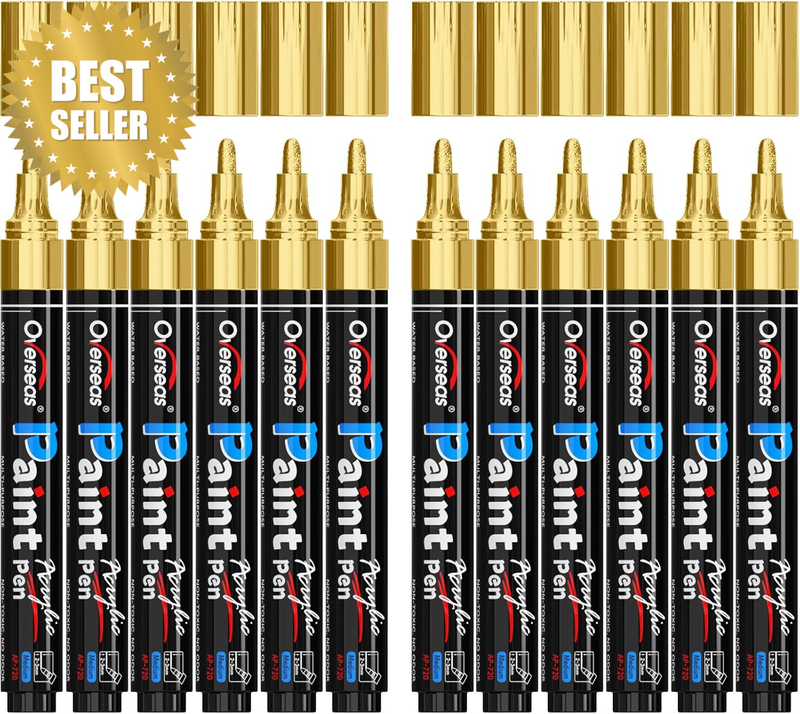 12 Pack Gold Acrylic Paint Pens Permanent Markers, Medium Tip | Waterproof, Quic