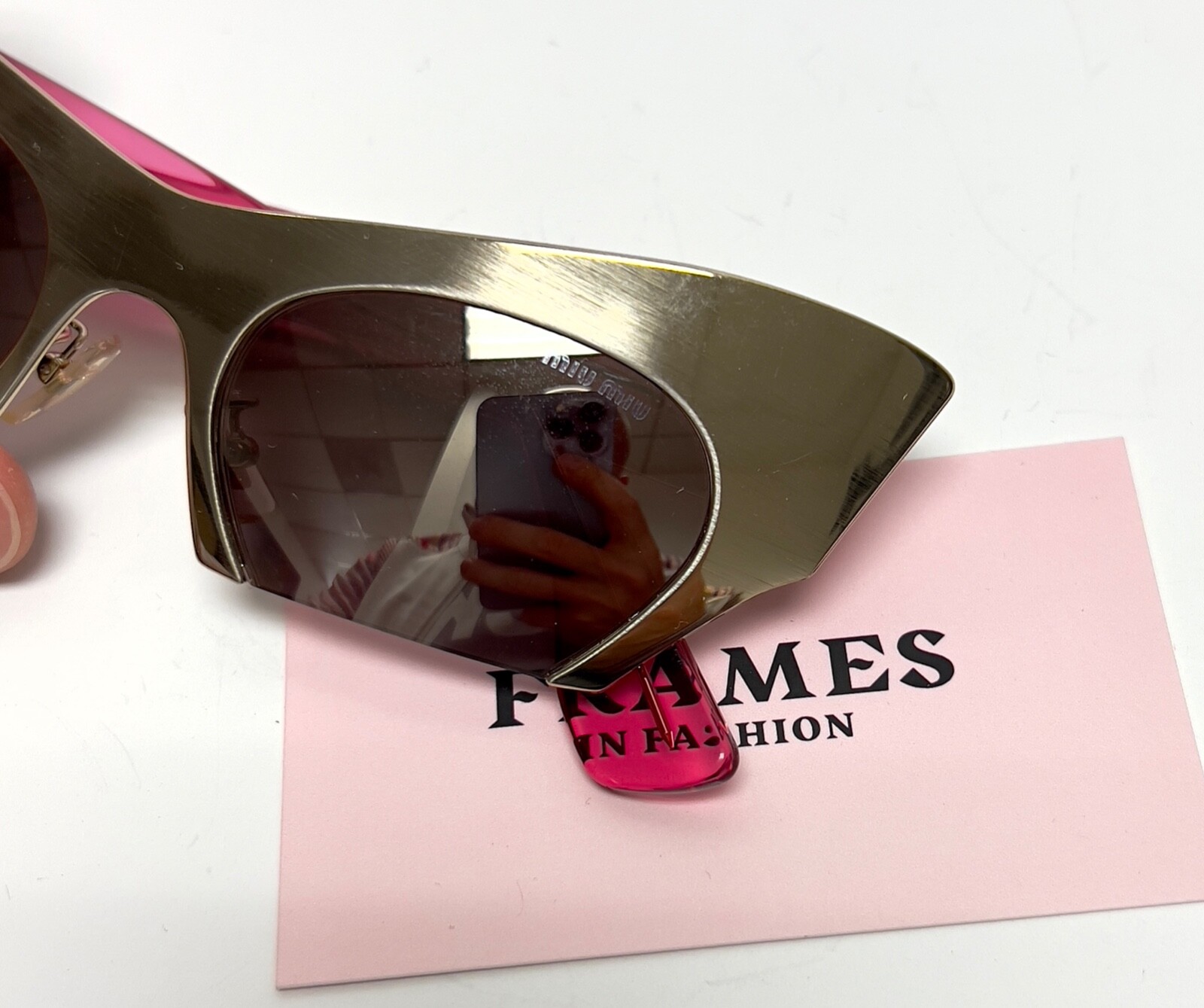 Pre-owned Miu Miu Rasoir 53o Sunglasses Cat Eye Brushed Gold Pink Mirrored Rimless Mu53os In Qe9-1k2