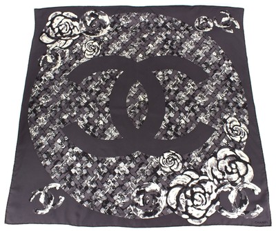 CHANEL Silk Gray White CC Large Geometric Print Square Scarf