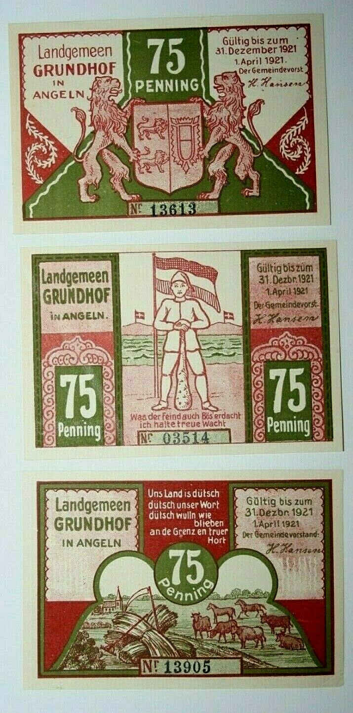 Set of 3 1921 Grundhof Germany 75 Pfennig Notgeld Notes