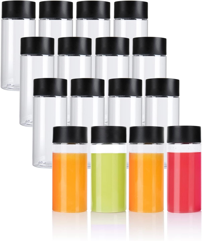 16 Pack 8Ounce/250Ml Clear PET Plastic Juice Bottles with Black Lids