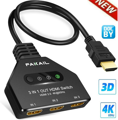 2FT 4K HDMI 2.0 Cable Auto Switch Switcher Splitter  Adapter 3 In-1 Out Device