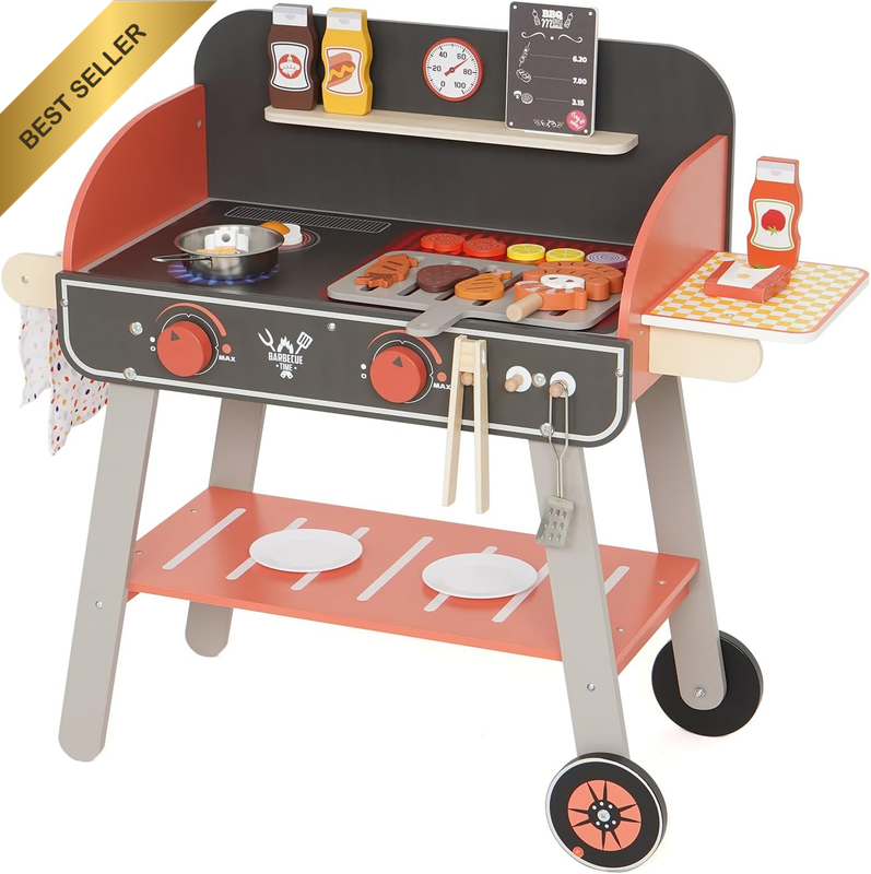 Wooden Kids BBQ Grill Playset, Indoor & Outdoor Play Kitchen Toy, Montessori Edu