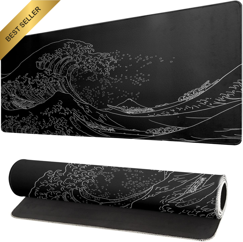 Large Gaming Mouse Pad, Japanese Wave Design, Black Extended Desk Mat, 80 X 30 C