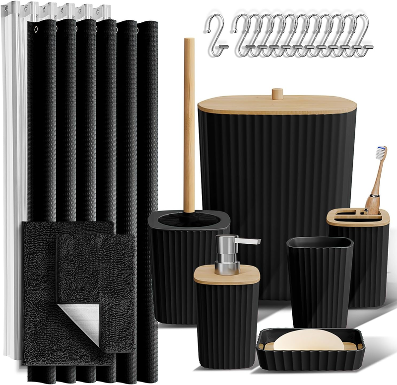 Bathroom Accessories Set - 22PC Bathroom Set, Bathroom Sets with Shower Curtain and Rugs, Black Shower Curtain Set with Bathroom Trash Can