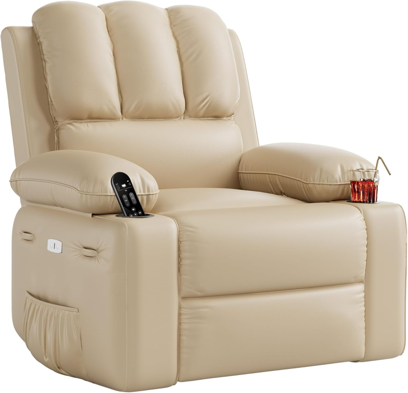 Oversized PU Leather Electric Recliner Chair with 360° Rocker Swivel, Heat and Massage Functions, Extra Large Comfort with 1.5X Sponge Filling, Ergonomic Design for Living Room Relaxation