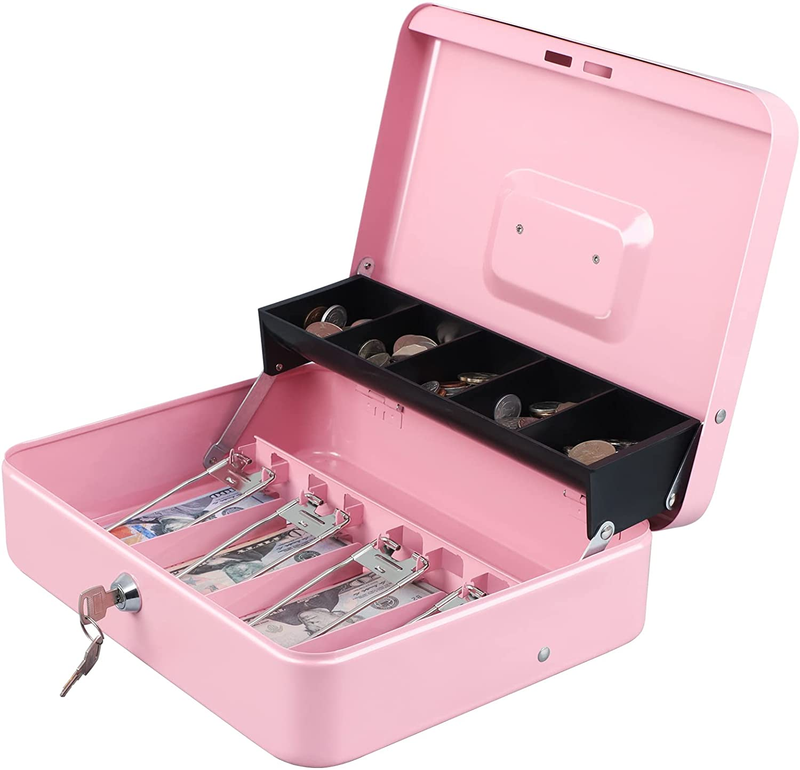 Pink Cash Box Key Lock Money Box w/ Tray 4 Bill 5 Coin Slots T...