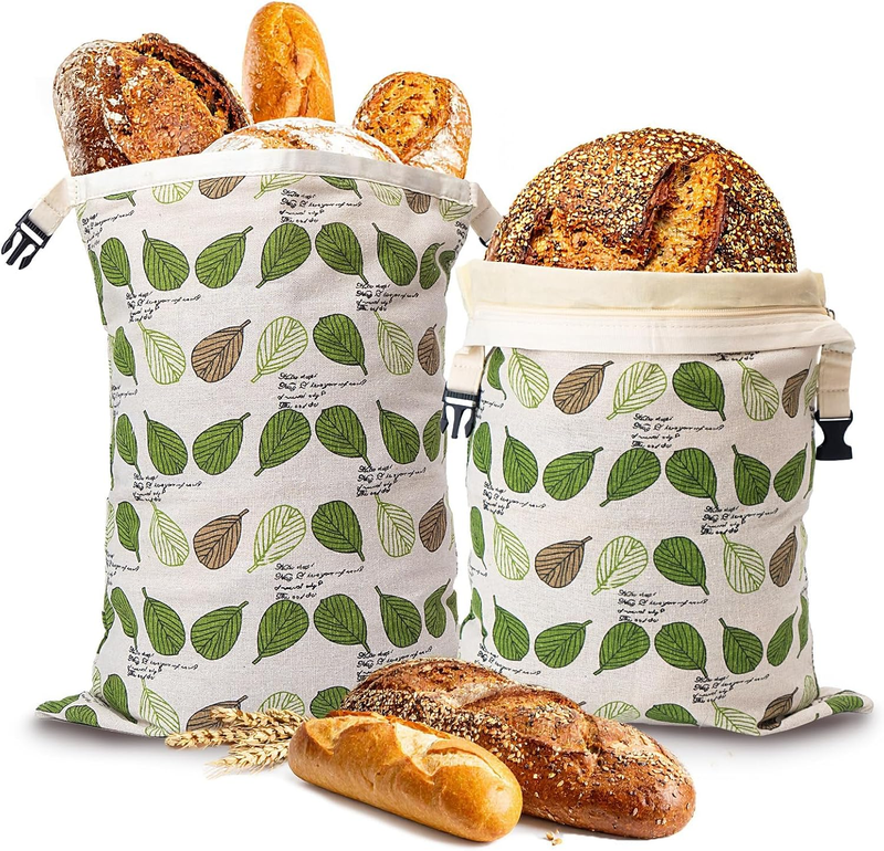 2 Pack Beeswax Bread Bags with Zipper, Large Cotton Airtight Food Storage Bags f
