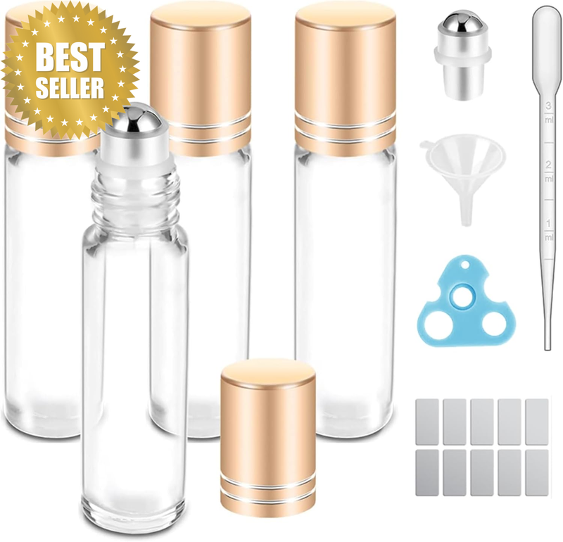 Essential Oil Roller Bottles, 4 Pcs 10Ml Glass Perfume Bottles with Opener, Pipe