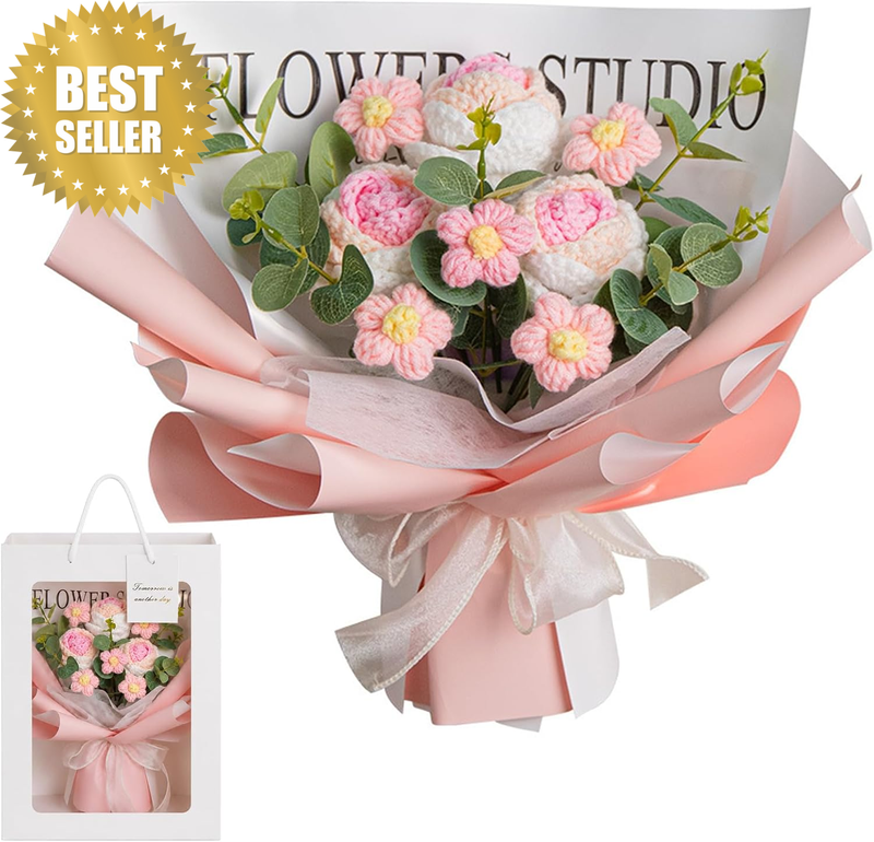 Handmade Crochet Rose Bouquet,Knitted Faux Flowers Gift Set with Card Bag | Knit