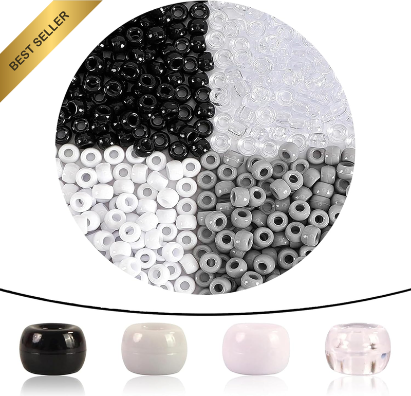 1200 Pc 9MM Pony Beads Bulk 4 Neutral Styles Jewelry Hair Braids DIY