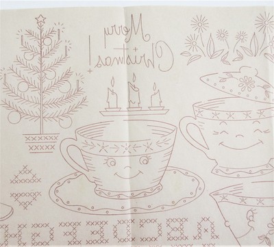 1950's Uncut Original Embroidery Transfer ANTHRO TEACUPS CHRISTMAS SANTA ABC's
