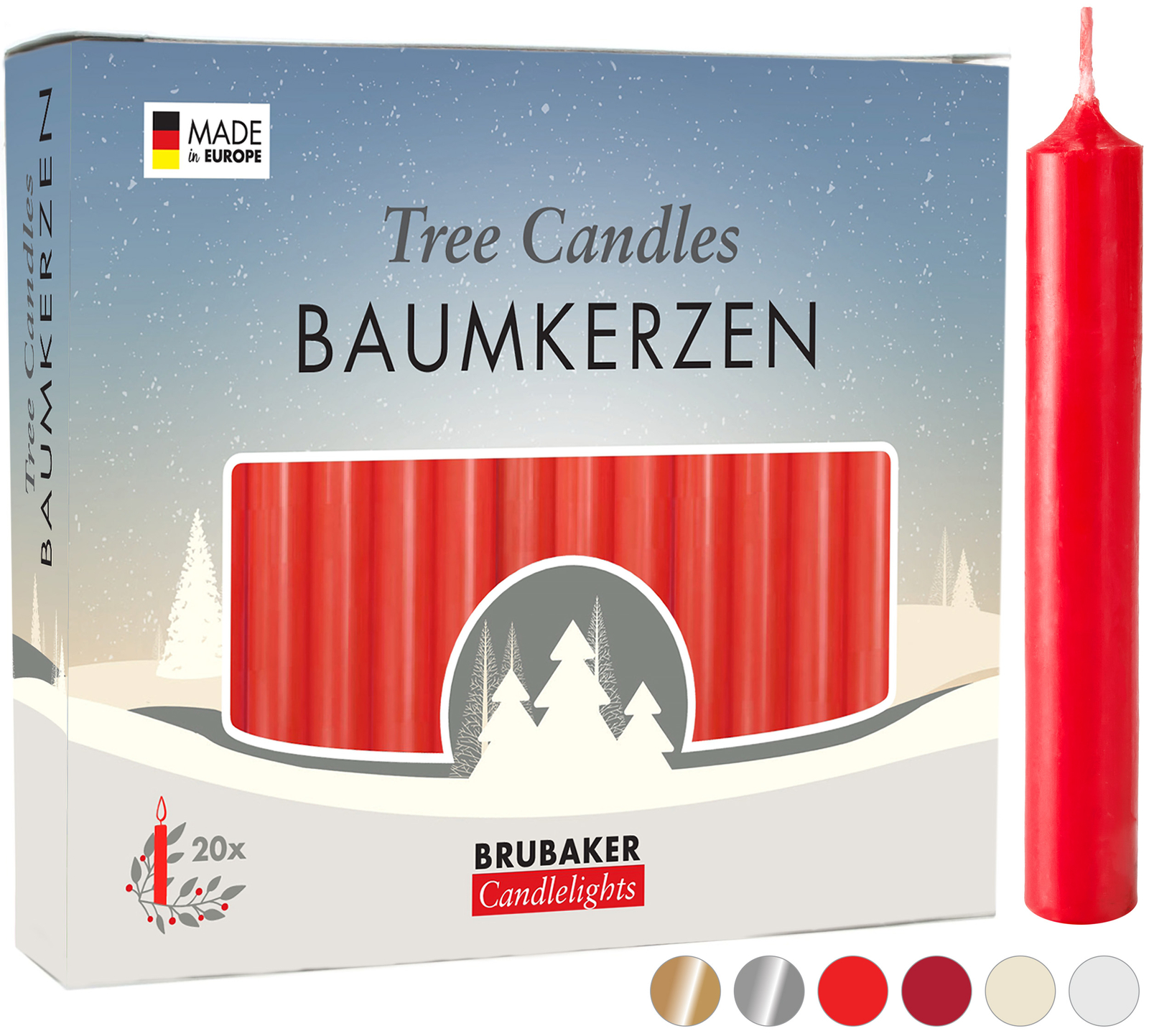 BRUBAKER Tree Candles - Pack of 20 - 9.5 cm - Red