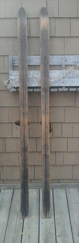 Antique Wood Snow Skis, leathers carved lines