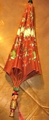 Vintage Childs Umbrella Kokeshi Handle Wood Cotton