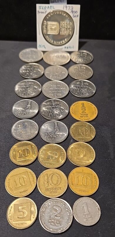 Lot Of 25 Coins From Israel Featuring 1973 (Silver) 10 Lirot Ind. 25th Anniv.