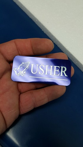 Set of 10 purple with gold Letters Engraved Usher Name Tags Badges Pin Back