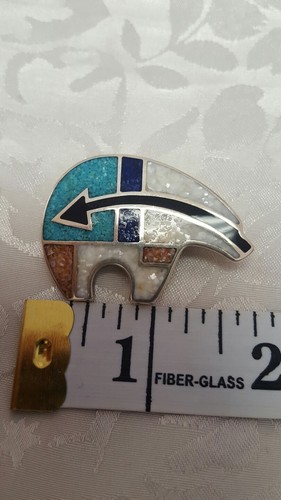 VINTAGE WJ INLAID TURQUOSE LAPIS STERLING HEARTLINE BEAR PENDANT/PIN