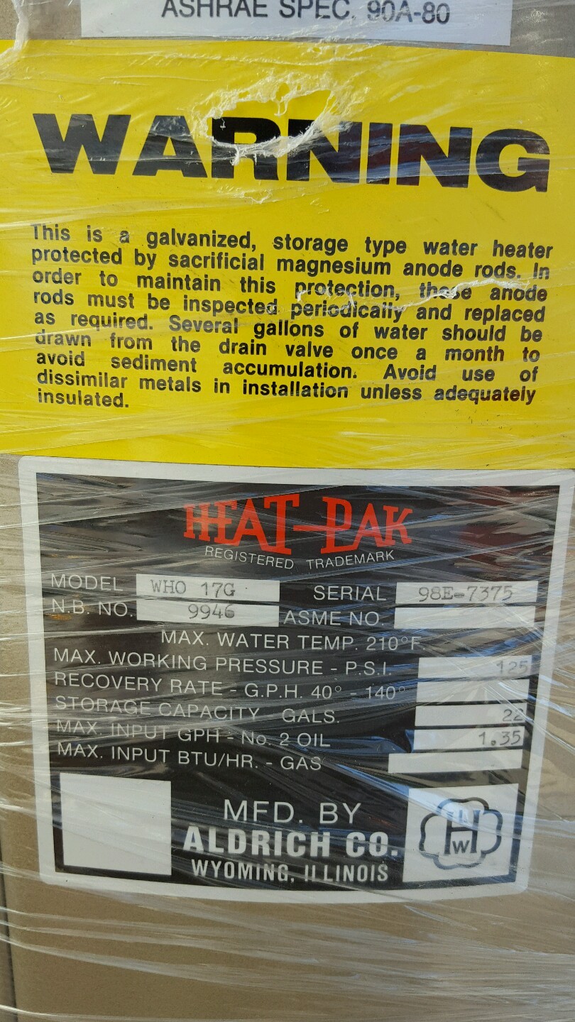 WHO-17G High Volume  Water heater, Aldrich Co. 22gal Wayne Burner EHASR 5