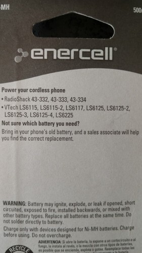 Enercell 2.4V/500mAh Ni-MH Cordless VTech Phone Battery 230-1189, new in packag