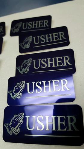 Set of 10 purple with gold Letters Engraved Usher Name Tags Badges Pin Back