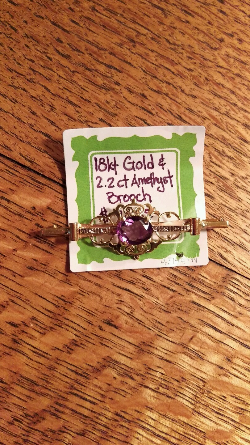 Antique Art Nouveau 18 kt Yellow Gold Amethyst 2.2 ct Pin Brooch, 4.8 grams