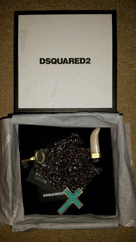$345.00 Dsquared2  Turquoise Cross Key Horn  Three Tier Necklace Gold Tone Brass
