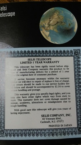 Vintage Selsi 234 Telescope price tag/warranty card