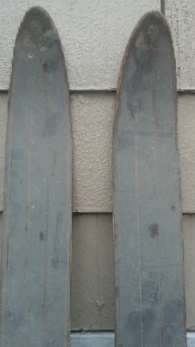 Antique Wood Snow Skis, leathers carved lines