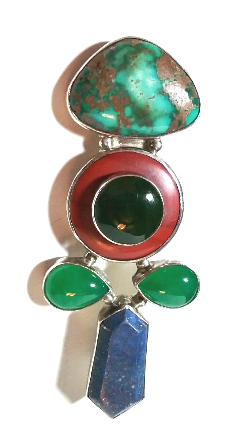 LARGE STUDIO ARTISAN STERLING SILVER TURQUOISE JADE DARLA N PIN NECKLACE PENDANT
