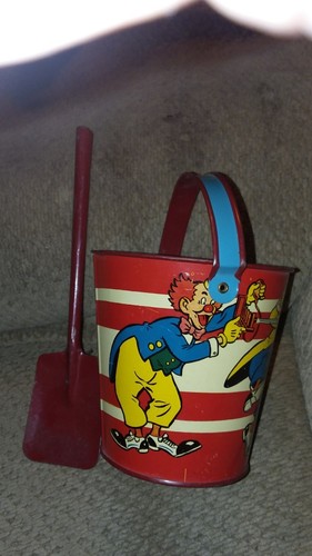 VINTAGE OHIO ART TIN PAIL & SHOVEL BUCKET METAL CLOWNS GREAT CONDITION