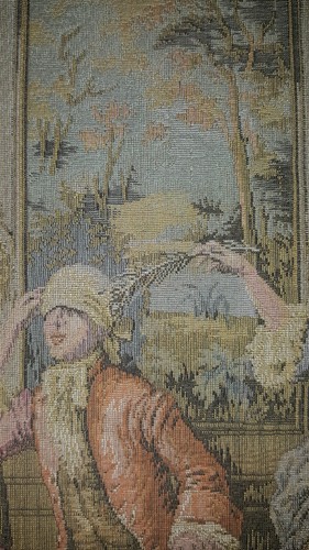 Antique Vtg French Tapestry Colonial Scene Man Blind Folded