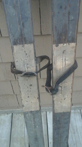 Antique Wood Snow Skis, leathers carved lines