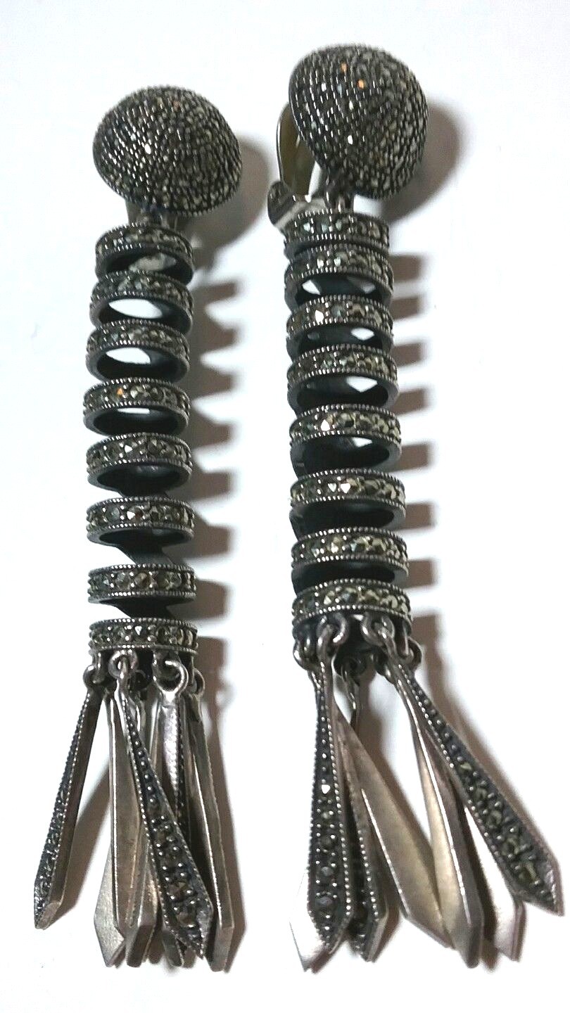 VINTAGE STERLING SILVER MARCASITE LARGE SPIRAL CHANDELIER EARRINGS JUDITH JACK