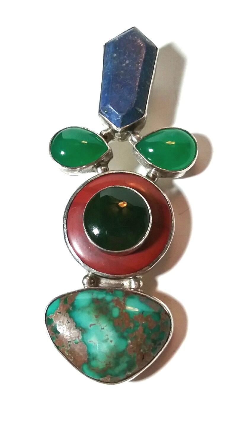 LARGE STUDIO ARTISAN STERLING SILVER TURQUOISE JADE DARLA N PIN NECKLACE PENDANT