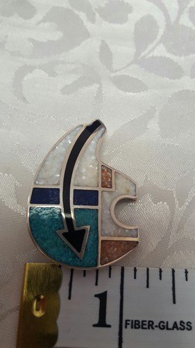 VINTAGE WJ INLAID TURQUOSE LAPIS STERLING HEARTLINE BEAR PENDANT/PIN