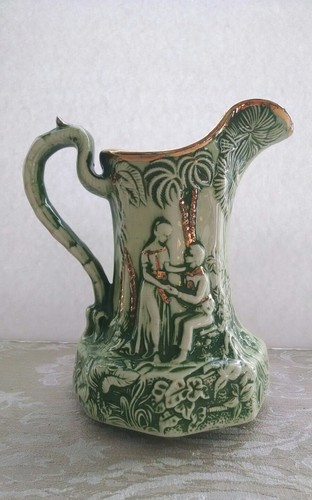 Antique Early English pitcher green figural pattern with lustre motif