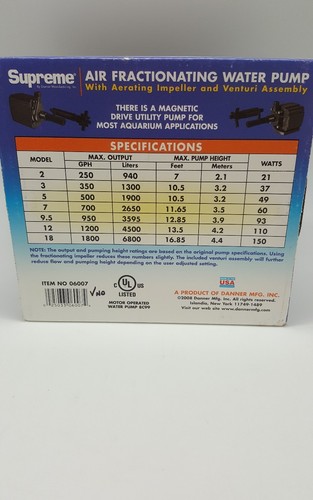 Danner Supreme Air Fractioning Water Pump 700 GPH Salt and Freshwater pond