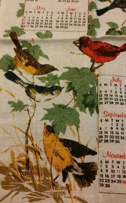 Vtg Calendar Tea Kitchen Towel Birds Cardinal Bluebird Estate Sale 1981 Cottage