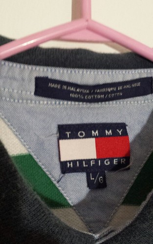 Vintage Tommy Hilfinger Striped Polo Shirt men's Sz L Lion Crest Seal Logo