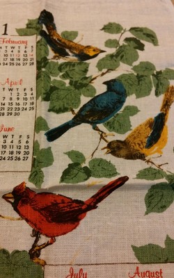 Vtg Calendar Tea Kitchen Towel Birds Cardinal Bluebird Estate Sale 1981 Cottage