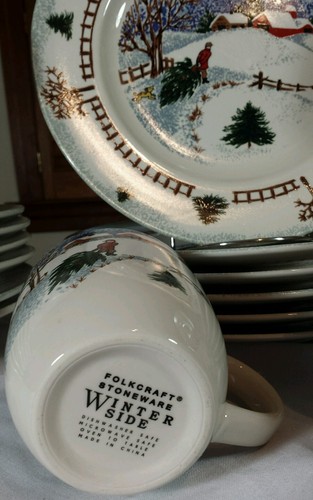 Folkcraft Stoneware WINTER SIDE Christmas Scenery China Dishes Dinnerware 22 Pc